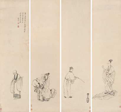王元昭 庚午（1870）年作 四杰图（四幅） 屏轴